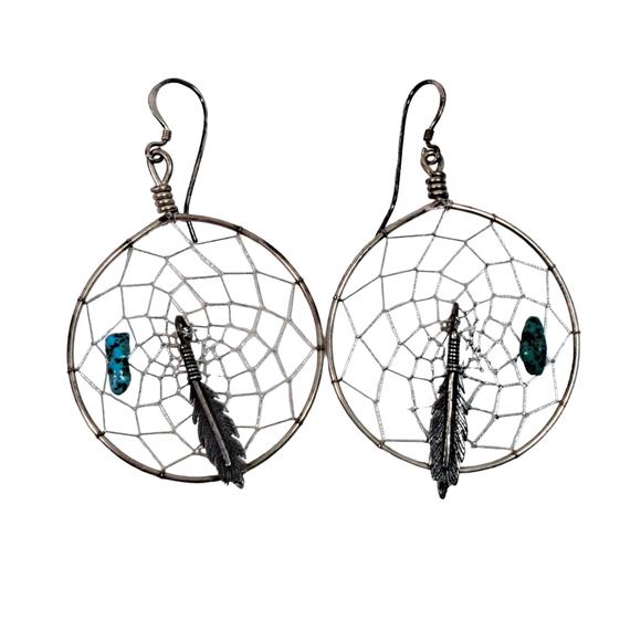 Sterling Silver Native American Dream Catcher Earrings Feather Turquoise Dangle - Picture 1 of 6